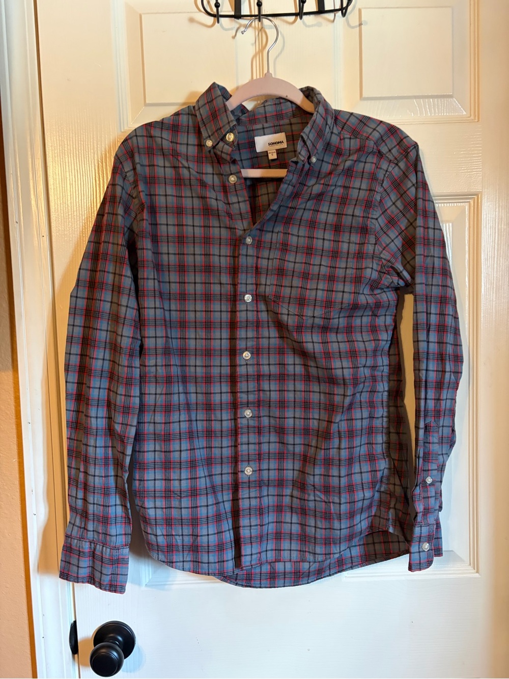 Sonoma Men's Blue and Red Plaid Button-Down Shirt